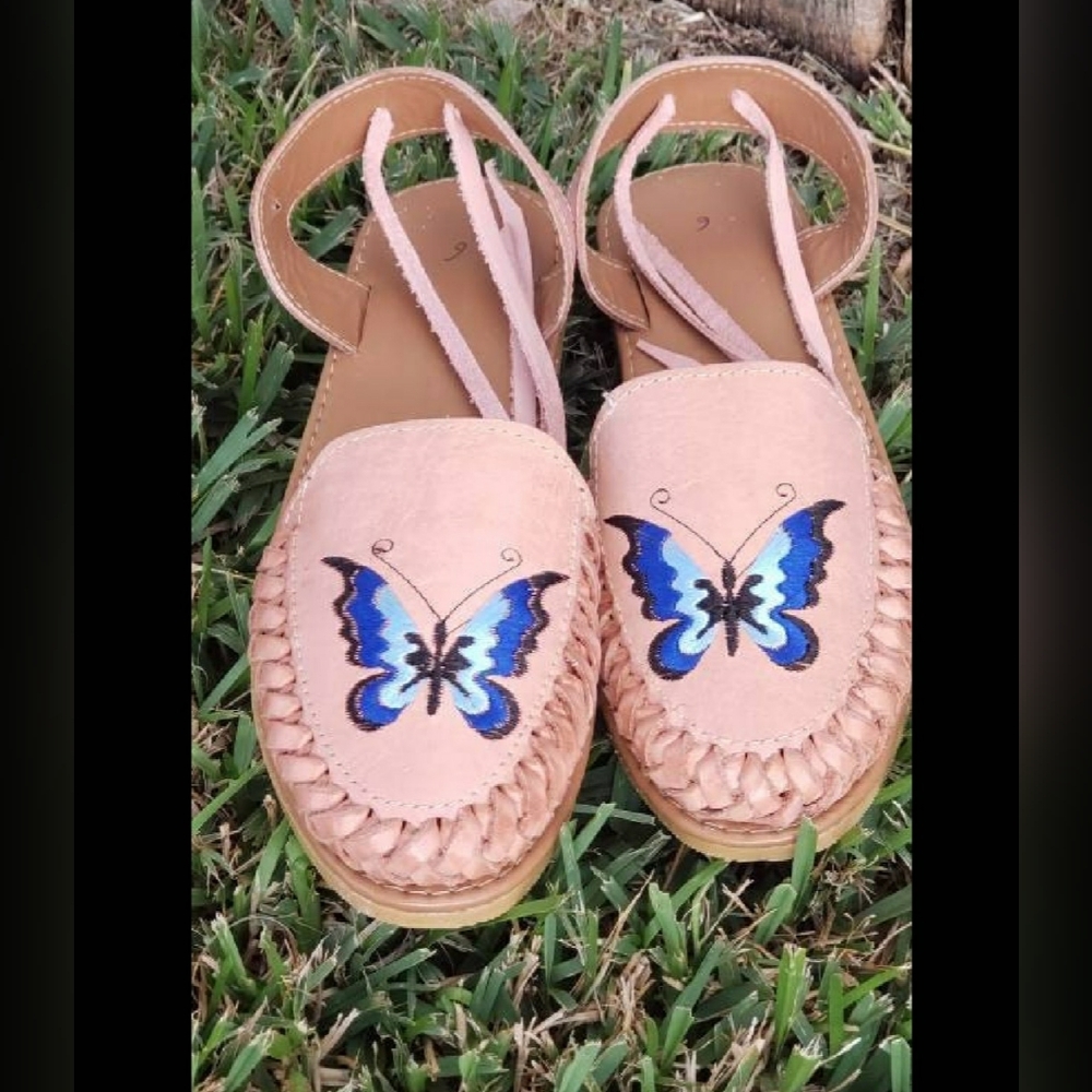 Butterfly Embroidered Leather Huarache Flats | Blush Pink Boho Lace-Up Shoes